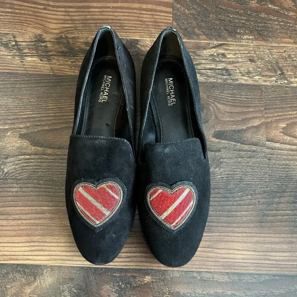 Michael Kors Women's Natasha Loafer Shoes Size 6 M Black Suede Leather Heart EUC